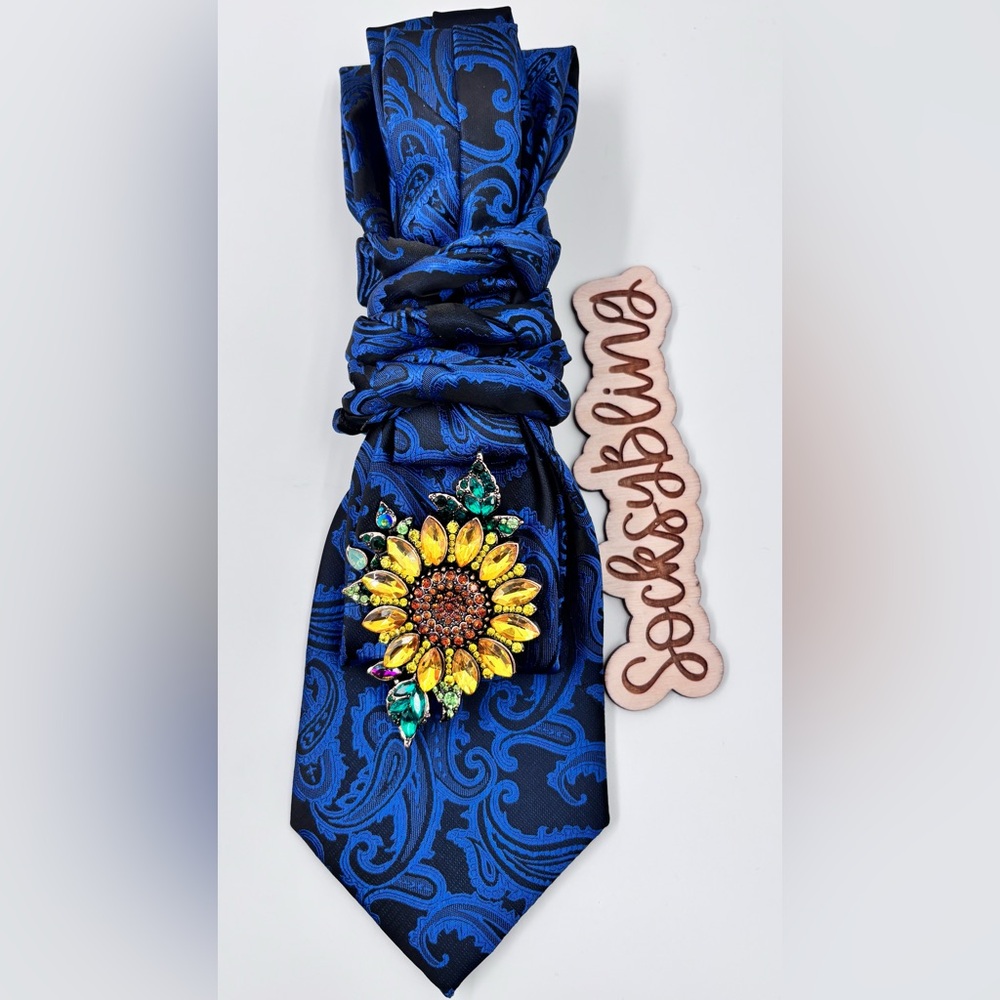 Elegant Blue Paisley Neck tie with Sunflower Brooch